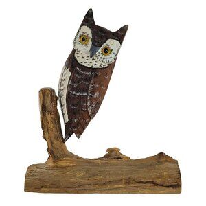 Vintage Folk Art Hand Carved Wooden Owl Bird On Wood Figurine Vintage